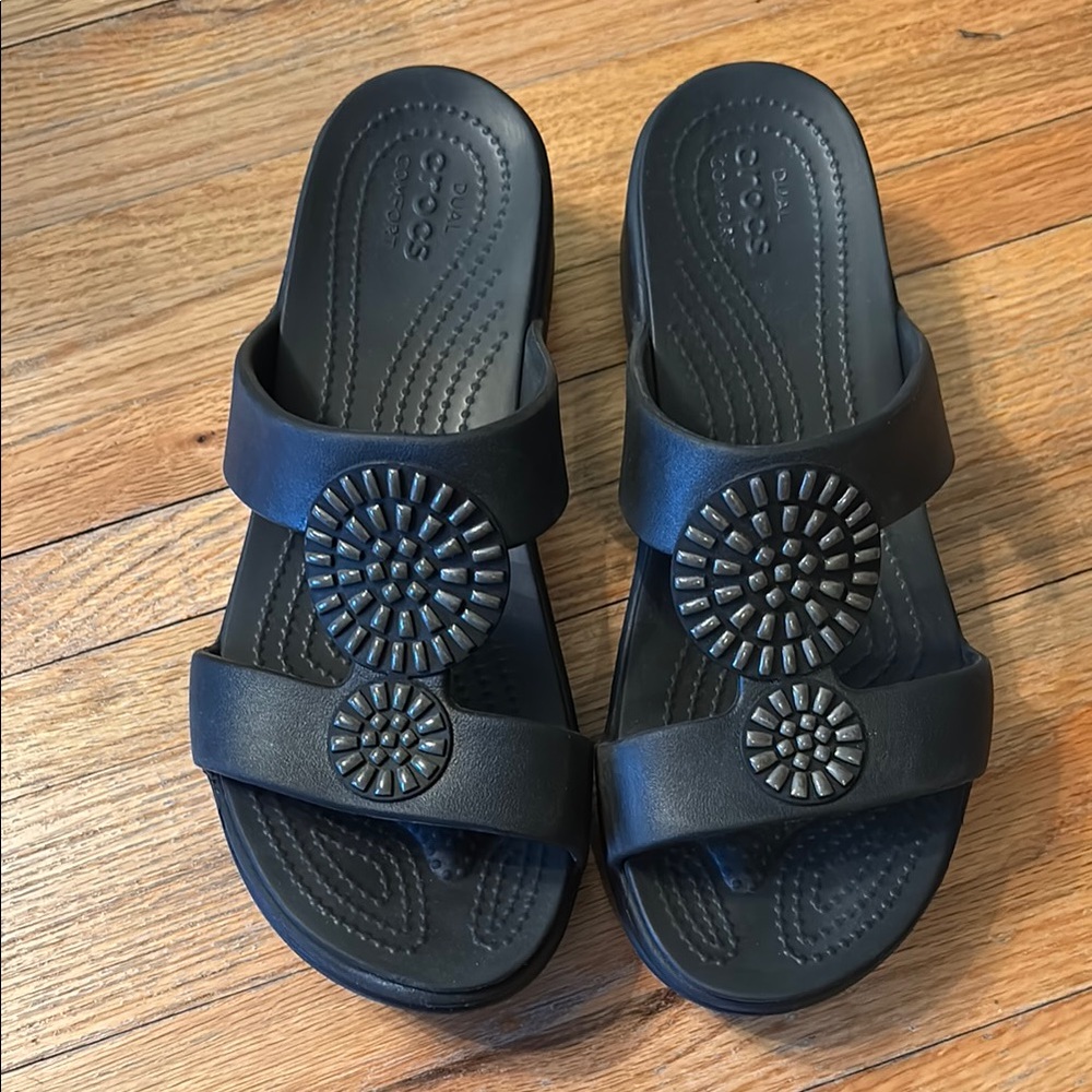 CROCS Black Dual Comfort Slides with Circular Accents